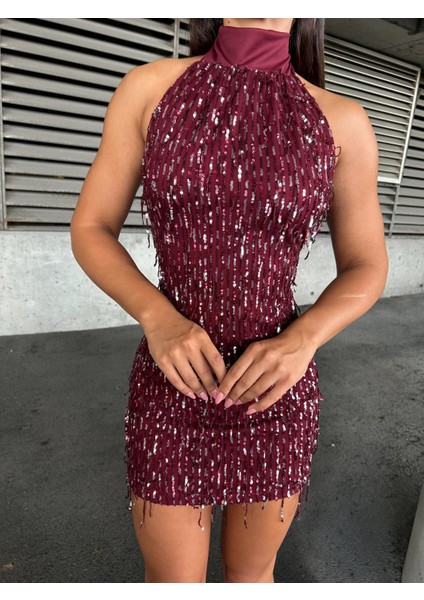 Işıltılı Payetli Halter Yaka Sırt Dekolteli Mini Gece Elbisesi 583229 Bordo modelleri