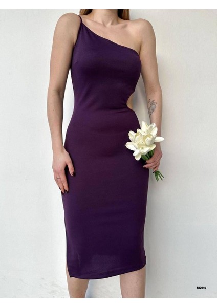 Tek Omuz Yan Dekolteli Midi Elbise Mor 582049