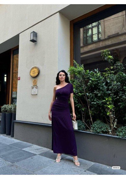 Sandy Kumaş Tek Omuz Detaylı Uzun Elbise 583010 Mor