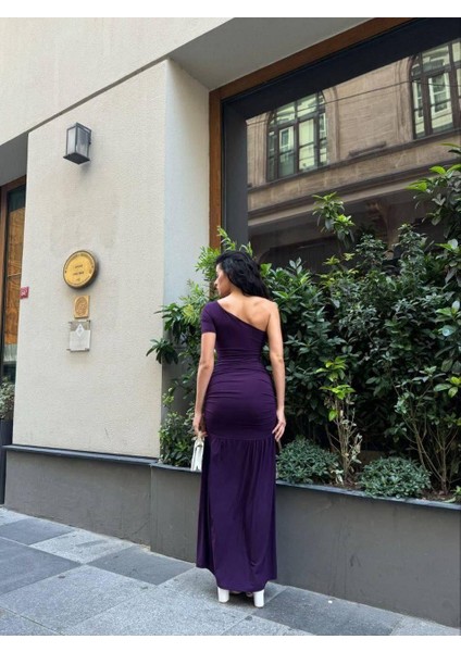 Sandy Kumaş Tek Omuz Detaylı Uzun Elbise 583010 Mor fiyatları