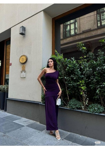 Sandy Kumaş Tek Omuz Detaylı Uzun Elbise 583010 Mor fırsatları