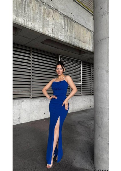 Göğüs Büzgülü Taş Askılı Scuba Krep Kumaş Elbise Saks 583253 fiyatları