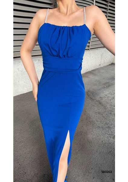 Göğüs Büzgülü Taş Askılı Scuba Krep Kumaş Elbise Saks 583253 modelleri