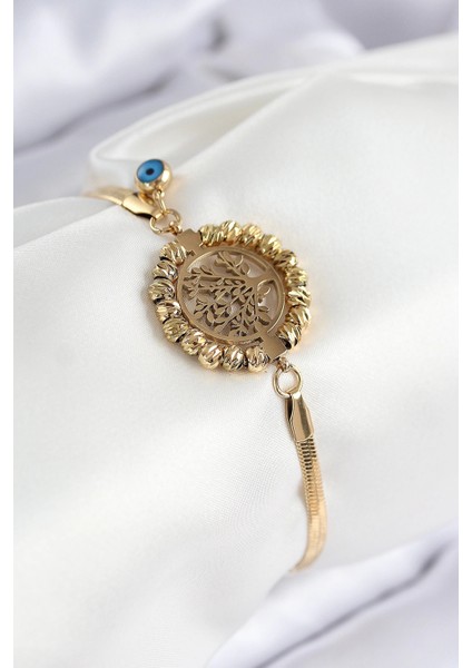 316L Çelik Nazar Boncuk Detaylı Hayat Ağacı Model Italyan Zincir Gold Renk Kadın Bileklik