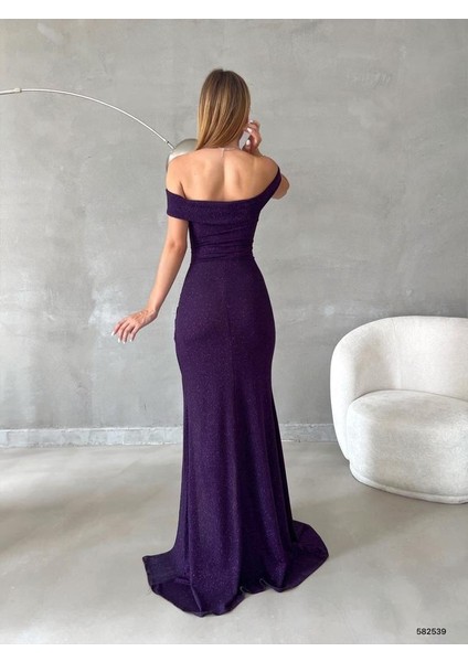 Kadın Simli Krep Kumaş Straplez Yaka Yırtmaçlı Maxi Elbise Mor 582539 fırsatları