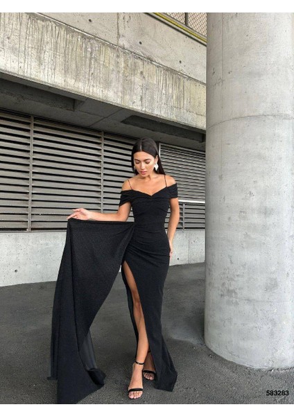 Flowers Esnek Kumaş Askılı Pile Detaylı Yırtmaçlı Abiye Elbise 583283 Siyah