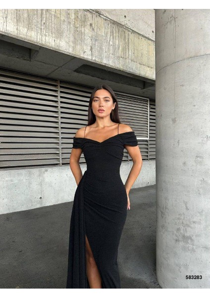 Flowers Esnek Kumaş Askılı Pile Detaylı Yırtmaçlı Abiye Elbise 583283 Siyah fiyatları