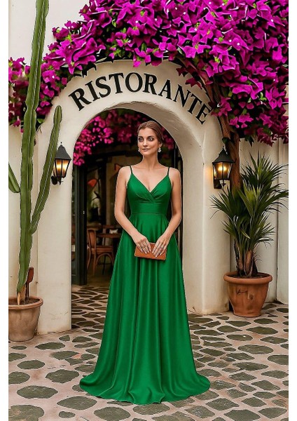 Askılı Saten Elbise Zümrüt 582151