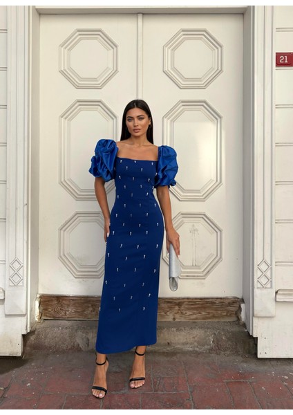 Kare Yaka Maxi Boy Taş Detaylı Saks Elbise 583299