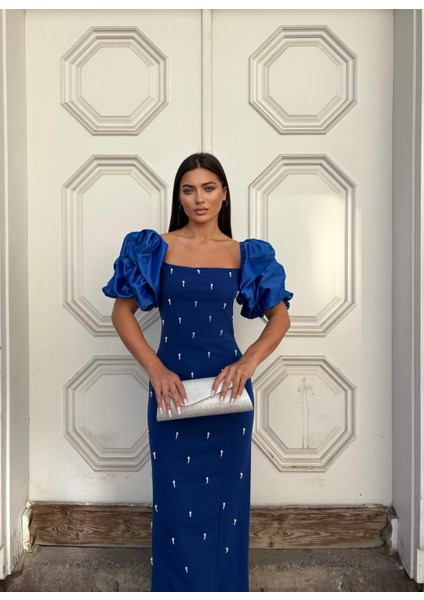 Kare Yaka Maxi Boy Taş Detaylı Saks Elbise 583299 fiyatları