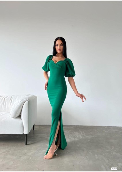 Krep Kumaş Kruvaze Yaka Balon Kol Yırtmaç Detaylı Maxi Elbise Zümrüt 582853
