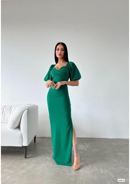 Krep Kumaş Kruvaze Yaka Balon Kol Yırtmaç Detaylı Maxi Elbise Zümrüt 582853 fiyatları