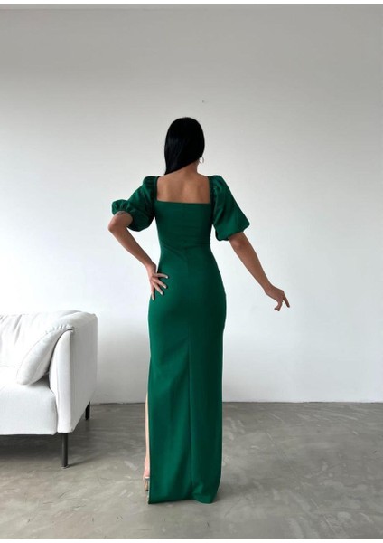 Krep Kumaş Kruvaze Yaka Balon Kol Yırtmaç Detaylı Maxi Elbise Zümrüt 582853 fırsatları