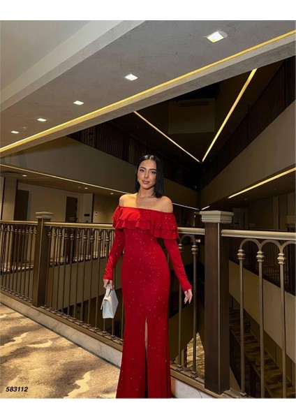 Fkuro Simli Esnek Kumaş Ön Çift Volan Abiye Elbise Kırmızı 583112 fiyatları