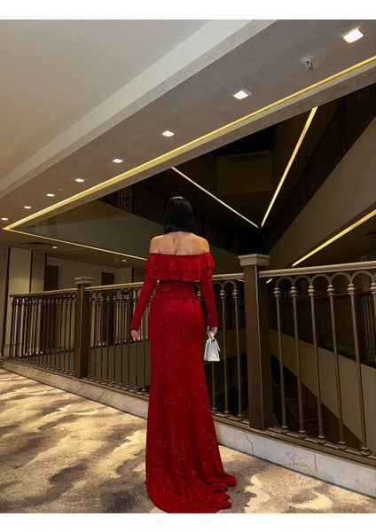 Fkuro Simli Esnek Kumaş Ön Çift Volan Abiye Elbise Kırmızı 583112 modelleri