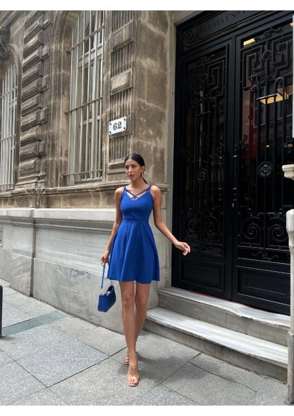 Göğüs Detaylı Kloş Krep Elbise 58806 Saks