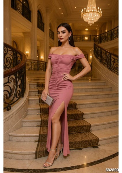 Madonna Yaka Büzgülü Sandy Elbise 582899 Gülkurusu