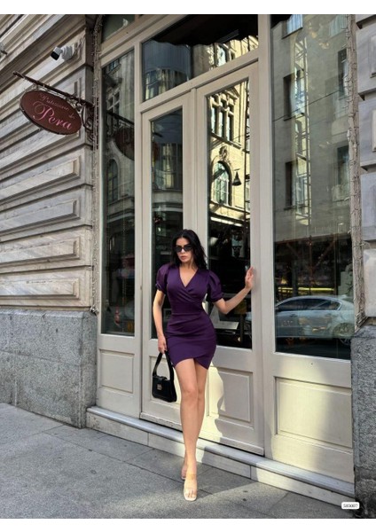 Kruvaze Yaka Balon Kol Büzgülü Elbise 583007 Mor