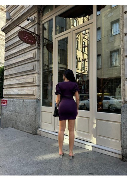 Kruvaze Yaka Balon Kol Büzgülü Elbise 583007 Mor fırsatları