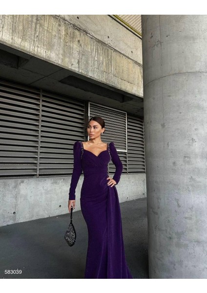 Simli Kol Detay Abiye 583039 Mor