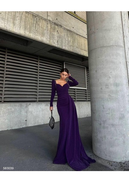 Simli Kol Detay Abiye 583039 Mor fiyatları