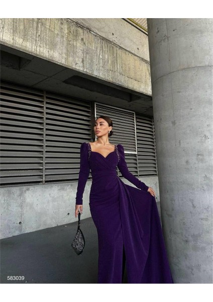 Simli Kol Detay Abiye 583039 Mor modelleri