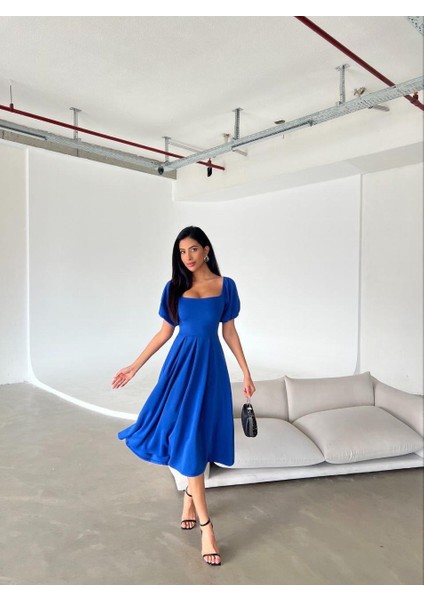 Kare Yaka Balon Kol Kloş Elbise Saks 582613