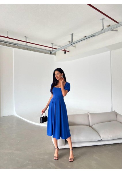 Kare Yaka Balon Kol Kloş Elbise Saks 582613 fiyatları