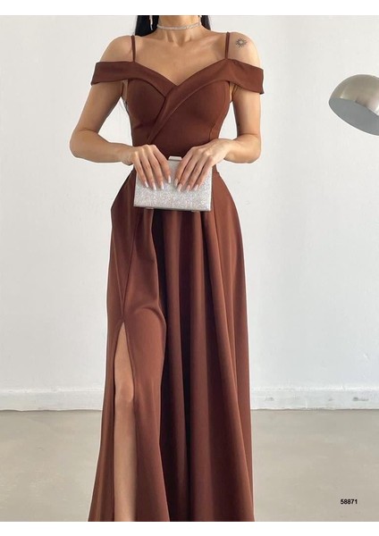 Düşük Askı Yırtmaçlı Uzun Abiye Elbise Kahverengi 58871