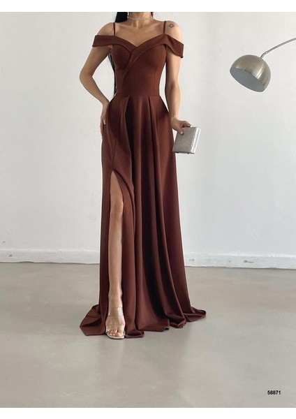 Düşük Askı Yırtmaçlı Uzun Abiye Elbise Kahverengi 58871 fiyatları