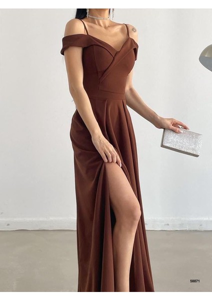 Düşük Askı Yırtmaçlı Uzun Abiye Elbise Kahverengi 58871 modelleri