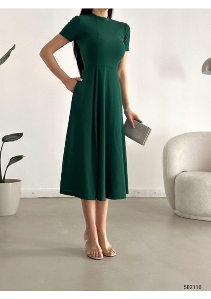 Kısa Kollu Cepli Uzun Krep Kumaş Elbise Zümrüt 582110 fiyatları