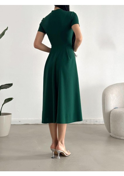 Kısa Kollu Cepli Uzun Krep Kumaş Elbise Zümrüt 582110 modelleri