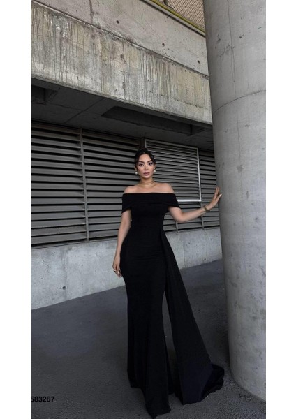 Omuz Dekolteli Uzun Abiye Elbise Flowres Kumaş Siyah 583267