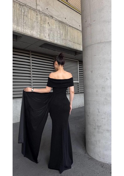 Omuz Dekolteli Uzun Abiye Elbise Flowres Kumaş Siyah 583267 fırsatları