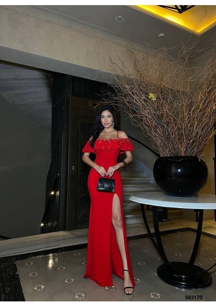 Askılı Taşlı Yırtmaçlı Uzun Abiye Elbise Kirmizi 583170 fiyatları