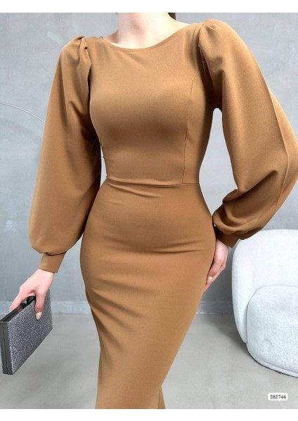 Balon Kol Balık Model Maxi Boy Ithal Krep Kumaş Elbise 582744 Camel