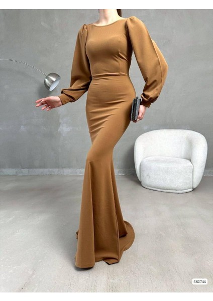 Balon Kol Balık Model Maxi Boy Ithal Krep Kumaş Elbise 582744 Camel modelleri