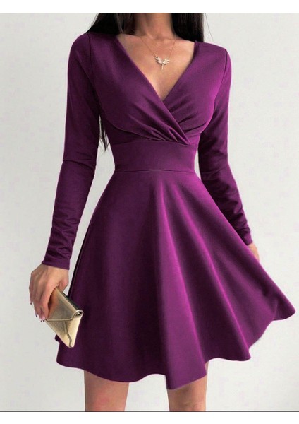 Kruvaze Yaka Krep Kumaş Uzun Kol Kloş Elbise 582255 Mor