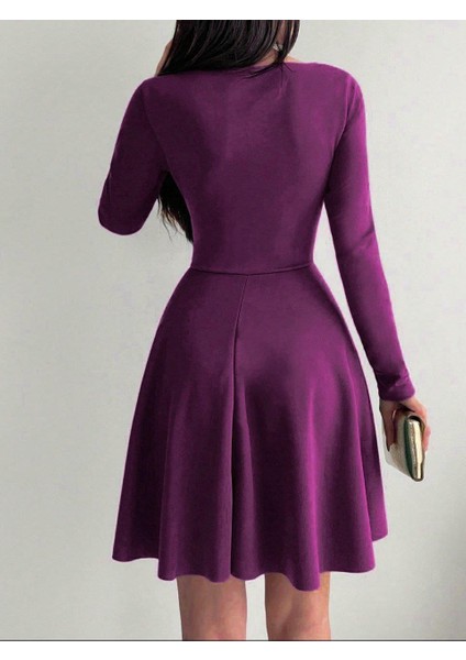 Kruvaze Yaka Krep Kumaş Uzun Kol Kloş Elbise 582255 Mor fiyatları