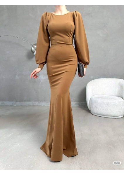 Balon Kol Balık Model Maxi Boy Ithal Krep Kumaş Elbise 582744 Camel fırsatları