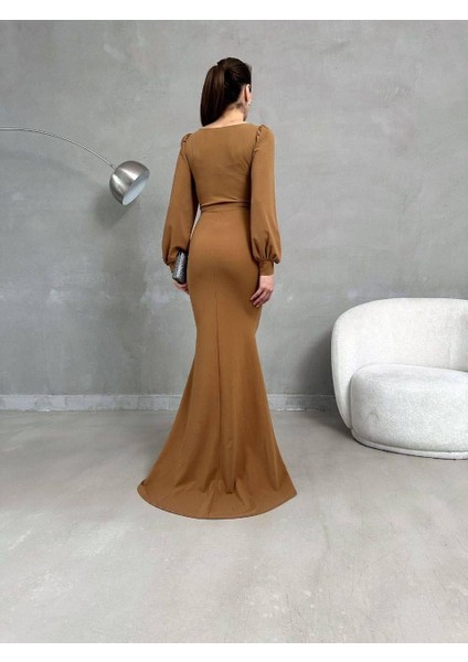 Balon Kol Balık Model Maxi Boy Ithal Krep Kumaş Elbise 582744 Camel indirimleri