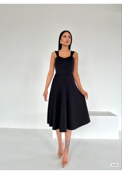 Scuba Kumaş Kloş Etek Askılı Abiye ve Mezuniyet Elbise 581800 Siyah