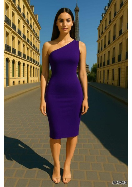 Tek Omuz Tasarım Sandy Kumaş Elbise Mor 583260