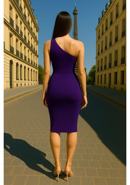 Tek Omuz Tasarım Sandy Kumaş Elbise Mor 583260 fiyatları