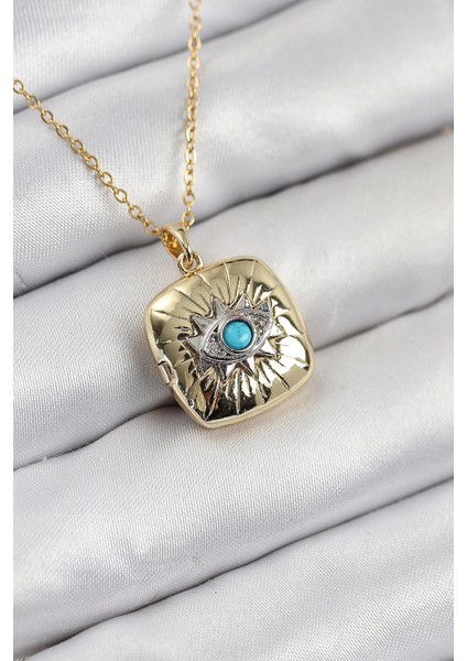 316L Çelik Zirkon Taşlı Açılabilr Kapaklı Göz Model Gold Renk Kadın Kolye