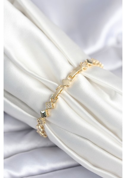 Pirinç Gold Renk Zirkon Taşlı Yonca Model Kadın Bileklik fiyatları