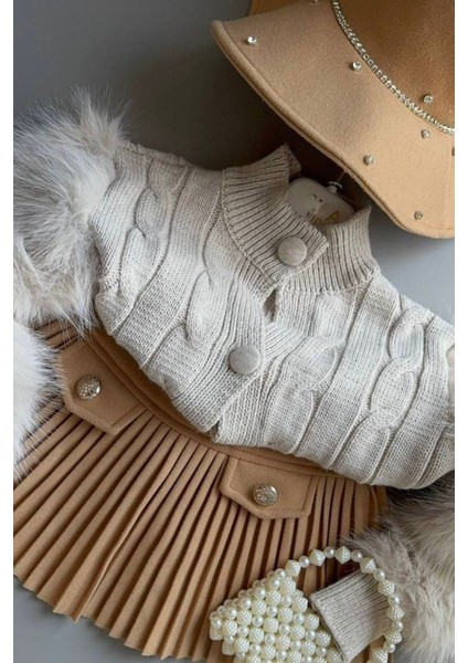 Kolları Kürklü Triko 4 Parça Kız çocuk takım - Camel