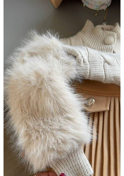 Kolları Kürklü Triko 4 Parça Kız çocuk takım - Camel modelleri