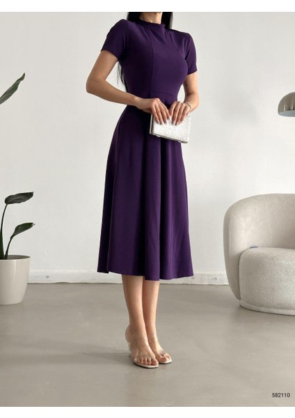 Kısa Kollu Cepli Uzun Krep Kumaş Elbise Mor 582110